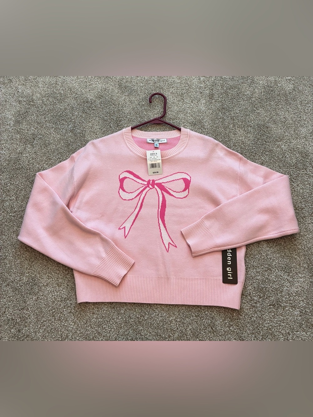Madden Girl Pink Crewneck Sweater with Dark Pink Bow Motif